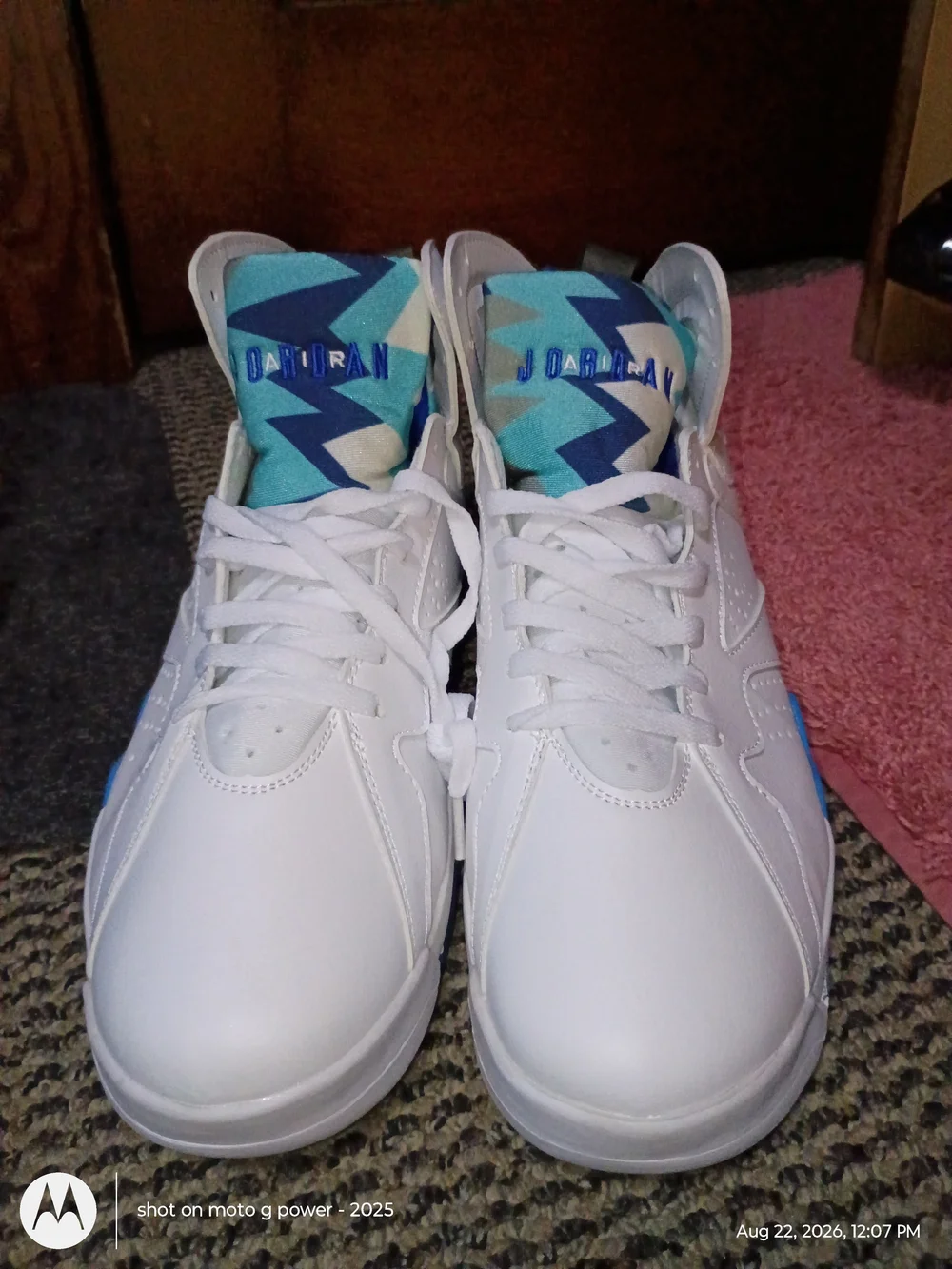Men's Jordan 7s White and Blue High-Top Basketball Sneakers